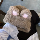 Bonnyshow Y2K Rabbit Ears Beanie Cap for Women Winter Warm Plush Knitted Hat Cute Cartoon Fluffy Fur Female Lady Skullies Ski Hats