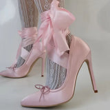 Bonnyshow  Pink Satin Ribbon Ankle Wrap High Heel Pumps Butterfly Knot Bow Women Shoes Slip On Pointed Toe Hollow Party Shoes