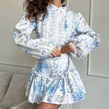 Bonnyshow  Chic Printed Pearl Shirt Pleated Skirt Set Lady Retro Patchwork Shirts High Waist A-lined Skirts Sets Female 2025 Summer Outfits