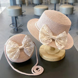 Bonnyshow 2pcs/set Little Girls Summer Handwoven Straw Hat And Shoulder Crossbody Bag Kids Baby Princess Bowknot Beach Straw Sun Cap