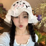 Bonnyshow Hollow Bow Knot Bucket Hat Korean Hole Lace Knit Spring and Summer Travel Beach Sun Protection Fisherman Hat Japanese Kawaii Cap