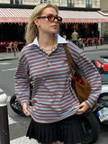 Bonnyshow Vintage Striped Women's Pullover T-shirt Turndown Collar Long Sleeve Tops Women Casual Loose Button Shirt Fashion New Pullover