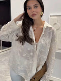 Bonnyshow  White Leaf Embroidery Loose Shirt Women Single Breasted Lapel Long Sleeve Chic Elegant Shirts 2025 Summer Holiday Blouse Tops