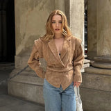 Bonnyshow Casual Turndown Collar Women's Jacket V-neck Short Belted Jackets New Autumn Vintage Women Coat Solid Color Retro Outerwears