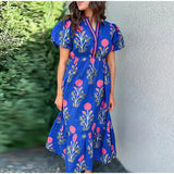 Bonnyshow  Casual Print Women Mid Dress 2025 Summer Puff Short Sleeve O-neck Button Pleated Female Dresses Fashion Pocket Lady Robe