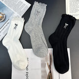 Bonnyshow Lolita Sweet Bow Socks for Women Summer Breathable Thin Loose Sock Y2K Girls Korean Solid Color Middle Tube Socks