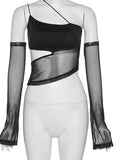 Bonnyshow Asymmetrical Cut Out Mesh Crop Top with Sleeves Fairy Grunge  Clothes Transparent Camisole Tank Tops
