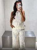 Bonnyshow  Summer Women Casual Vest Set Sleeveless Round Neck Loose Top Brown Jacquard Wide Leg Pant Streetwear Outfit Lady Daily Wear