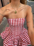 Bonnyshow  Print Red White Checkered Chest Wrap Pleated Fluffy Hem Sleeveless Backless Vacation Versatile Beach Party Trend Tops