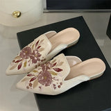 Bonnyshow  Summer Pointed Toe Women Slippers Fashion Vintage Embroidery Square Low Heels Party Dress Mules Shoes
