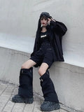Bonnyshow Techwear Gothic Black Cargo Pants Women Streetwear Hollow Out Punk Wide Leg Oversize Pockets Trousers For Female Hip Hop