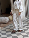 Bonnyshow  Embroidery Hollow Women 's Pant Suit Laple Single Breasted Full Sleeve Shirts Wide Leg Pants Female 2 Pieces Summer Matching Set
