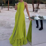 Bonnyshow  Ladies O-neck Sleeveless Long Top and Skirt 2pc Set Spring Summer Hollow Out Backless Beach Suit Fashion Pleated Holiday Outfits