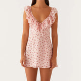 Bonnyshow  Women Backless Mini Dress Sexy Sleeveless Ruffle Shoulder Short Dress Floral Print Low Cut Tie Back A-line Dress