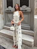 Bonnyshow  Floral Print Backless Lace-up Halter Dress Women Elegant Off Shoulder Sleeveless Pleated Long Dresses Summer New Party Club Robe