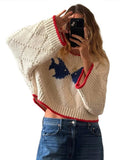 Bonnyshow  Fashion Loose Knitted Sweater Women Red Trim O-neck Full Loose Sleeve Sweaters 2025 Elegant Female Casual Stylish Autumn Winter