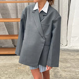 Bonnyshow Turndown Collar Off-center Button Women Coats Fashion Vintage Coat Solid Color Loose Casual Women‘s Coat Side Slit Outerwears