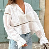 Bonnyshow  Women Hollow Out V-neck Bandage Shirt High Street Casual Ladies Irregular Diagonal Collar Solid Loose Short Blouses 2025 Summer