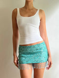 Bonnyshow  Sexy Sequin Tassel Women's Skirts Solid High Waist Patchwork All Match Female Skirt 2025 Summer New Lady Party Club Streetwears