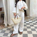 Bonnyshow  Embroidery Hollow Women 's Pant Suit Laple Single Breasted Full Sleeve Shirts Wide Leg Pants Female 2 Pieces Summer Matching Set