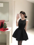 Bonnyshow  French Elegant Bow Sweet Slimming Sleeveless Black Birthday Dress for Women Summer Waist Cinched A-line Mini Dress for Women