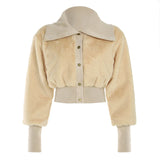 Bonnyshow Solid Fluffy Turn-Down Collar Jacket Women 2024s Autumn Winter New Slim Button Cropped Coat Retro Fashion