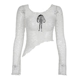 Bonnyshow Sheer Lace Micro Long Sleeved Top Women Lacing Cut Out V-neck Color Block Backless Slim Crop T-shirt Hottie Streetwear