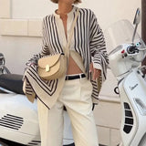 Bonnyshow Loose Striped Women's Shirts Split Cuff Casual Blouses Elegant Women Smooth Shirt Fashion Vintage Chic O-neck Female Blouse Top