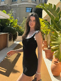 Bonnyshow  U Neck Flower Splicing Sling Mini Dress Women Black Sleeveless Backless Bodycon Dresses Summer New Lady Vocation Streetwear