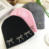 Bonnyshow Solid Color Bow Knitted Hat Women Korean Y2K Girls Beanie Cap Autumn Winter Warm Female Ear Protection Hats Gorras