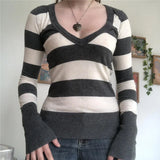 Bonnyshow  Women Y2k Striped Long Sleeve Slim Tops Color Block Round Neck Harajuku Tees Vintage 90s Shirts Streetwear Aesthetic Clothes
