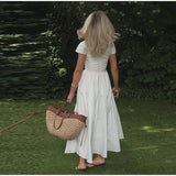 Bonnyshow  Solid Pleated Short Sleeve Women Dress Minimalist Waist Loose Skirt 2025 Summer Casual Female Vestido Daily Commuting Lady Robe
