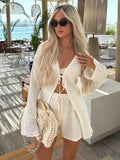 Bonnyshow  Women White Linen Tulle Lace Up Long Sleeve Blouse Sets Summer Fashion High Waist Shorts 2 Pces Suit Lady Vacation Beach Outfits