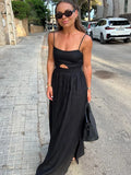 Bonnyshow  Fashion Black Hollow Out High Waist Long Dress Women Sleeveless Backless Slim Vestidos Summer New Vocation Street Party Dresses