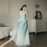 Bonnyshow  High-end temperament elegant set women spring summer V-neck sleeveless top pleated half body long skirt two-piece set