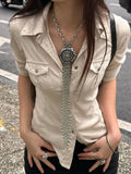 Bonnyshow  Fashion Solid Packet Slim Fit Women Shirts Causal Y2k Summer Chic Up Turn Down Collar Basic Blouses