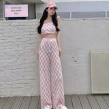 Bonnyshow  2 Piece Set Women Strapless Crop Top + Wide Leg Pants Suits Female Sexy Outfits For Woman Ins New Summer Fashion Casual Plaid