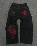 Bonnyshow Jeans New Harajuku Hip Hop Retro Skull Graphic Embroidered Baggy Jeans Denim Pants Men Women Goth High Waist Wide Trousers