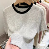 Bonnyshow  Spring Summer New Short-sleeved Women Sweaters O-neck Slim Pullover Knitted Sweater Casual Clothes Pullovers Thin Knit Tops