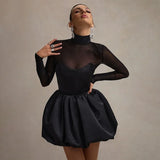 Bonnyshow Autumn Winter Mini Dress Women Fashion Mesh Patchwork Slim Evening Party Dresses Sexy Sheer Turtleneck Christmas Outfits