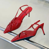 Bonnyshow  Designer Hollow Cross Tied Thin High Heels Sandals Women Fashion Pointed Toe Shallow Slide Sandals Sexy Slingback Wedding Shoes
