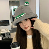 Bonnyshow Cute Frog Fisherman Hat for Women Winter Fluffy Fur Bucket Hats Funny Cartoon Warm Thicken Female Girls Plush Hats