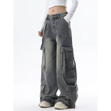 Bonnyshow Women Blue Jeans Cargo Pants Streetwear High Waist American Wide Leg Pants Fashion Y2K Style Female Winter Straight Trousers