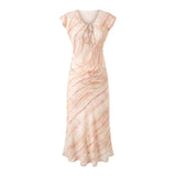 Bonnyshow  2025 Short Sleeve V Neck Summer Elegant Dress Women Striped Pink A-line Midi Dresses Holiday Vestidos