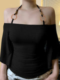 Bonnyshow  Fashion Beading Slim Fit Chic Women Halter Tops Bating Sleeve Solid Causal Simple Slash Neck Blouses