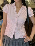 Bonnyshow  Fashion Sweet Ruched Slim Fit Women Shirts Chic Solid Summer Cute All-Match Causal Blouses Simple