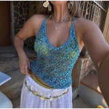 Bonnyshow  Women Sequin Halter Top Sexy Sleeveless Deep V Neck Glitter Tank Top Sparkle Backless Crop Top Summer Streetwear 2025