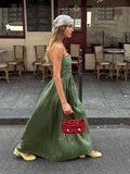 Bonnyshow  Green Sleeveless Pleated Strapless Midi Dress Women's Elegant Off Shoulder High Waist Vestidos 2025 Summer Vacation Street Gowns