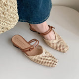 Bonnyshow  Vintage Woven 1 Slip-on Toe Half Slippers Women's New Outwear French Fairy Style Thick Heel Holiday Shoes