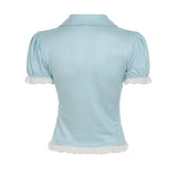 Bonnyshow  Elegant Chic Striped Slim Women Shirts Summer Sweet Trim V-Neck Design Fashion Trendy Blouses
